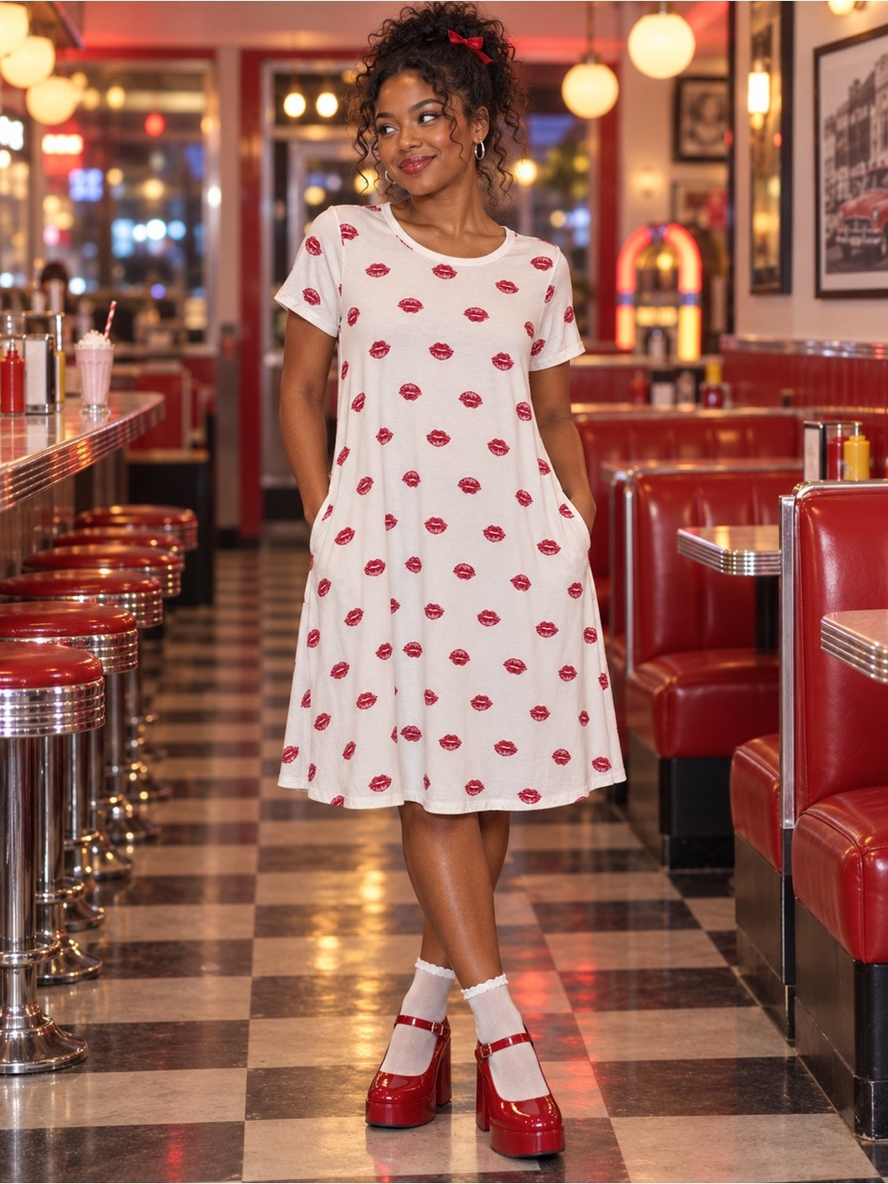 Kiss Print White Swing Dress with Pockets